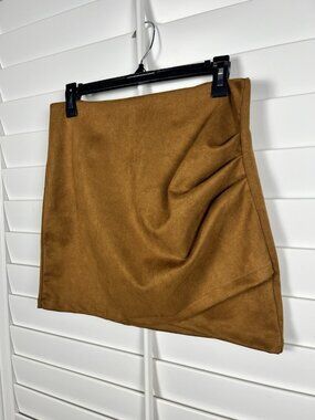 Faux Suede Brown Ruched Mini Skirt Side Drape Y2K Size L